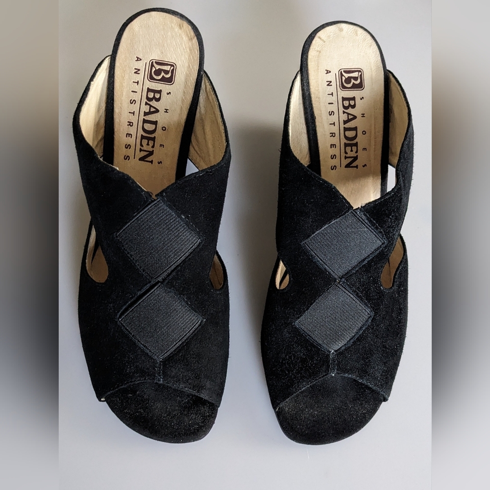 Baden Women's Black Leather Suede Anti-stress Wedges Slides. Size 7.5-8 (38 EU)